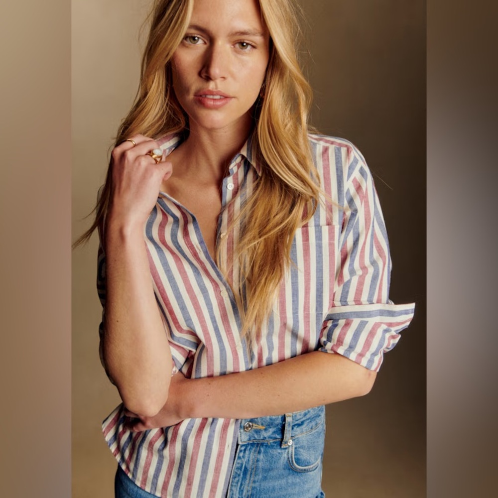Sezane Max shirt button down striped red blue boyfriend cotton size 38 Medium